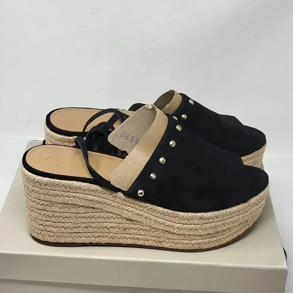 MARC FISHER BLACK SUEDE VERENA ESPADRILLE LACE UP PLATFORM SANDALS Size 10 M